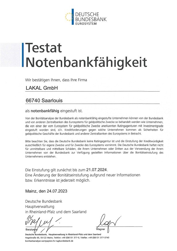  Testat Notenbankfähigkeit LAKAL